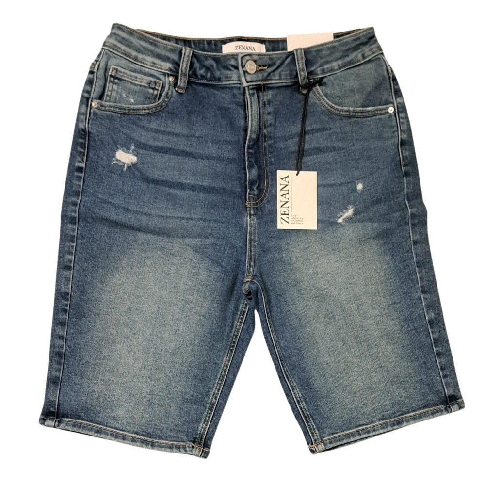 Zenana Womens High Waisted Distressed Denim Bermuda Shorts Medium Wash XL NEW